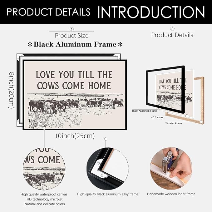 I Love You Till The Cows Come Home Wall Art Black And White Western Cowboy Poster 08x10 inch Black Framed Southwestern Country Animal Canvas Prints Farmhouse Living Room Wall Decor
