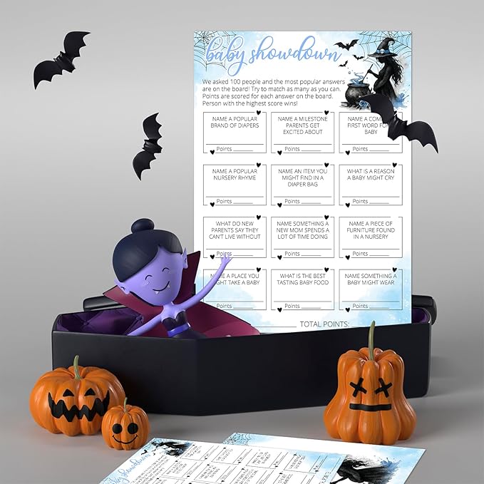 Hilarious Baby Shower Games, 25 Sets Halloween Baby Showdown + Answer Card, Blue Witch Gender Reveal Game Cards for Party Announcement Supplies - B10