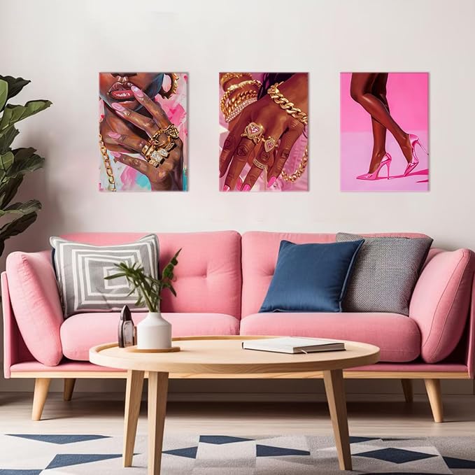 Black Girl Wall Art Set of 3 Pink Fashion Black Woman Canvas Wall Decor Pictures African American Women Paintings Home Decor Posters Prints for Living Room Bedroom Bathroom 12x16Inch Framed