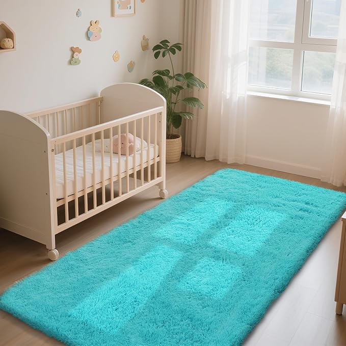 Teal Blue Rug Fluffy Rugs, 3x5 Teal Area Rugs for Bedroom, Soft Play Mat, Indoor Floor Carpet for Teen, Preppy Dorm, Plush Aesthetic Bedside Rug