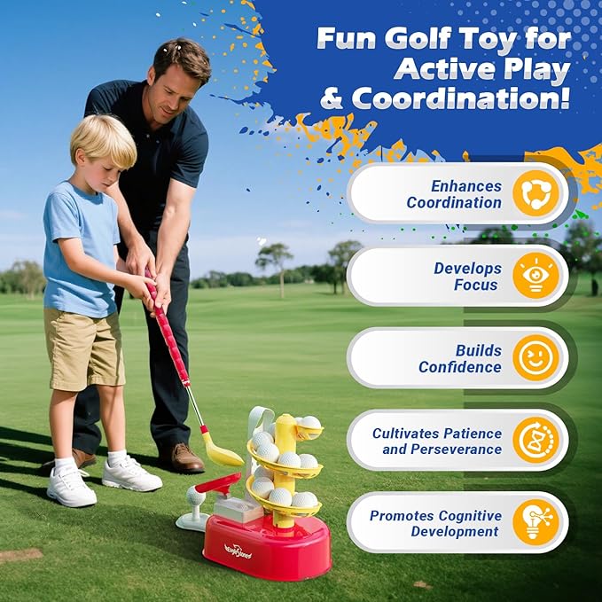 EagleStone Toddler Golf Set with Foot Pedal Launcher, Kids Golf Toy for Ages 3-8, Includes Adjustable Golf Club, 15 Balls & Golf Cart, Indoor&Outdoor Sports Gift for Boys and Girls