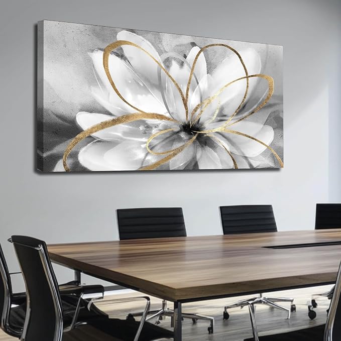 SOUGUAN Flower Wall Room Decor Gold Decoration White Flower Artwork for Living Room Office Dining Room 24x48 Inch