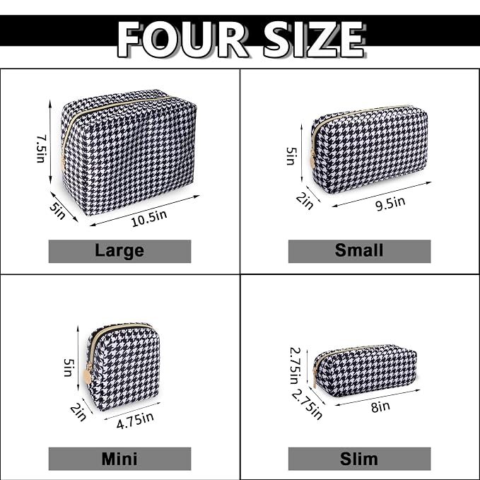 UIXIZQ Large Makeup Pouch, Nylon Women Travel Toiletry Storage Houndstooth Cosmetic Bag for Girls, Big Preppy Makeup Organizer Cute Zipper Pouch Skincare Bag for Sport School (Large-Houndstooth)