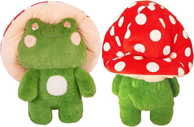 Frog Plush Cute Frog Mushroom Hat Stuffed Animals Kawaii Plush Toys Throw Pillow Home Room Decor Aesthetic Gift(Navy Green Frog Red Hat)