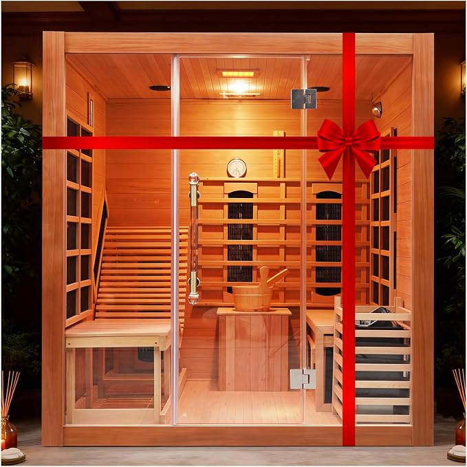 Infrared & Steam Dual-System Sauna Room, 2-3 Person Canadian Red Cedar Wood Sauna with Recliner, Indoor Traditional Home Saunas Spa with 9 Heaters & 6KW Sauna Stove, Oxygen Bar