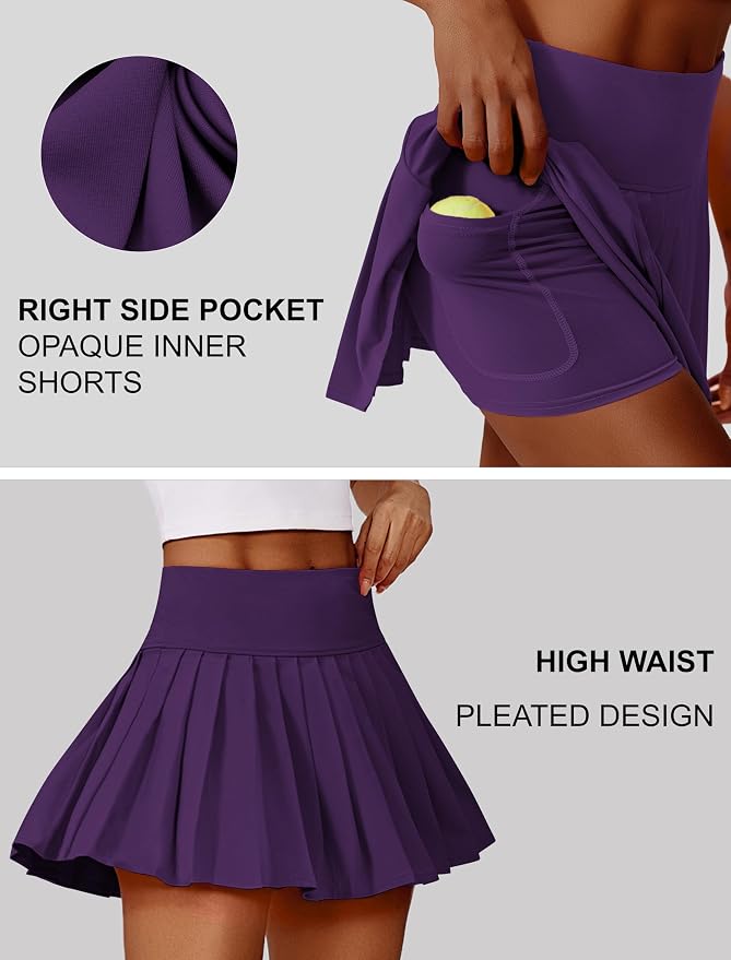 PINSPARK Pleated Tennis Skirts Mini Athletic Golf Skorts with Pocket | 14", High Waist, Lightweight, Quick Dry, Stretchy, Inner Shorts, Sun Protection, Pickleball, Casual, for Women