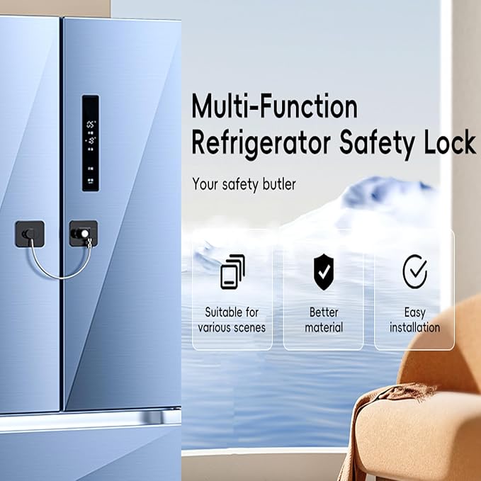 2 Pack Refrigerator Locks with 4 Keys, Child Safety Lock for Fridge Door Locks, Cabinets, Freezer, Desk Drawers, Wardrobes, Closets, Windows-No Tools Need or Drill (Patent)