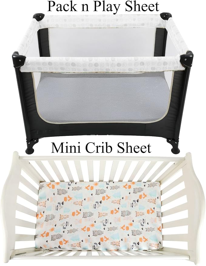 Pack n Play Sheet Stretchy Fitted Portable Mini Crib Sheets Set 3 Pack,Playard Sheets Convertible Playard Mattress Cover,Ultra Soft Jersey Material,Elephant Tiger,Fox & Grey