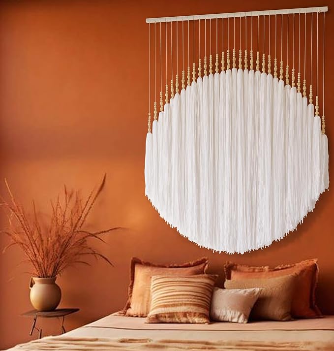 Boho Wall Decor Yarn Wall Hanging Macrame Wall Hanging Fiber Wall Art White Beads Tassel Wall Decor Boho Chic Home Decor 39" W x 55" L | Wedding Backdrop Decor, Boho Decor, Entryway Accent, Neutral Home Decor, Cozy Room Style, Fiber Art Wall Hanging