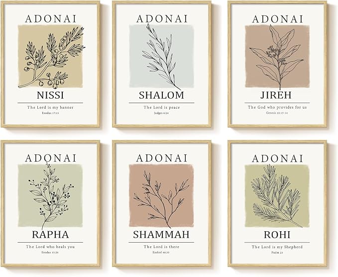Framed Christian Bible Verse Neutral Wall Art, Minimalist Scripture Religious Canvas Prints, Faith Names of God Boho Botanical Leaf Artwork for Bedroom Living Room Office Hallway Wall Decor, 11x14 In