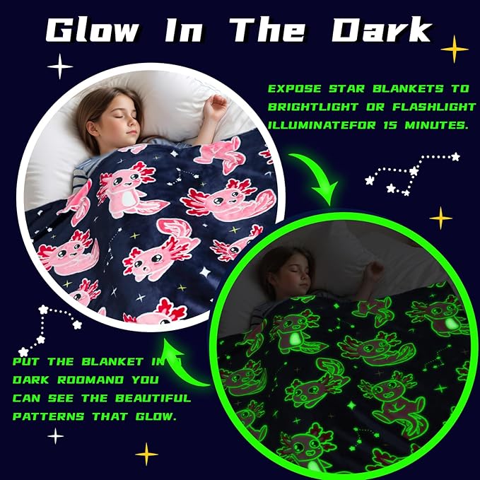 BORORO Axolotl Blanket Pink Glow in The Dark Blanket Axolotl Gifts Soft Cozy Cute Salamander Blanket Axolotls Toys Birthday Gifts for Girls Kids Boys 60x80 inch