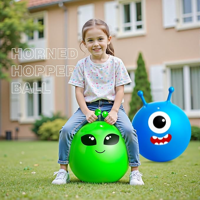 ZOOJOY Hopper Ball 2 Pack, 18In Bouncy Ball with Handle, Horn Hop Balls for Kids Ages 3-8, Alien & Blue Monster Hopping Toy Gifts for Boys & Girls, with Pump for Indoor Outdoor Play