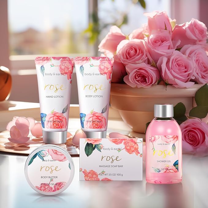 Bath and Body Gift Set for Women, Body & Earth 5 Pcs Rose Spa Gifts for Women, Self Care Kit, Lotion Set for Her, Birthday, Christmas Presents for Mom, Wife, girlfriend