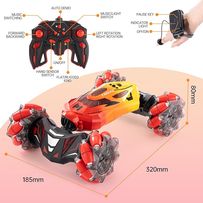 Gesture Sensing RC Stunt Car, 2.4GHz 4WD Stunt Car Toys for Ages 6-12 yr Boys Girls, Hand Controlled Remote Control Twist Cars, Offroad 360° Rotation with Lights and Music for Birthday Gifts