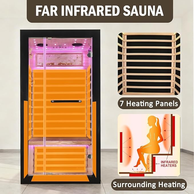 Sauna, 1-Person Far Infrared Sauna, Low EMF Indoor Home Sauna 1450W | Canadian Hemlock Wood Luxurious Dry Sauna with 7 Color Starry Ceiling & Speakers Fast Heating Easy Assembly 35.4x35.4x70.8"