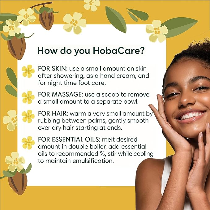 HobaCare Jojoba Butter, Scent-Free Body Butter Base with Natural First-Press Pure Jojoba Oil - Softening, Moisturizing, Vegan, Cruelty-Free Cream for Skin & Hair (8 oz)