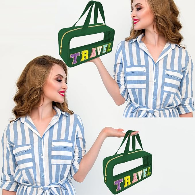 Bunliuys Chenille Letter Clear Makeup Bag Travel Patch, Travel Toiletry Makeup Bag with Handle, Nylon Waterproof Makeup Bags clear cosmetic bag, preppy patch makeup bag for Women (TRAVEL-Dark Green)
