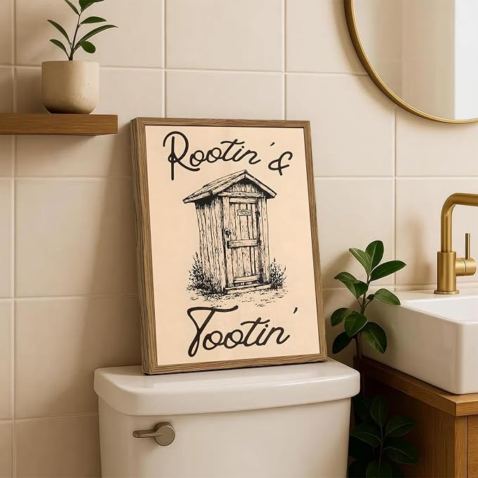 Cute Western Bathroom Wall Art Vintage Southwest Rustic Restroom Wall Decor Painting, Western Cowboy Ranch Toilet Rootin Tootin Poster Canvas Print Picture 12x16 inch Wood Framed