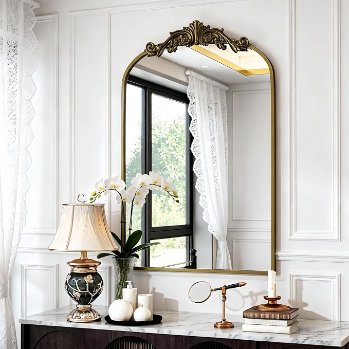 Dewfig Antique Arched Wall Mirror, 36"x24" Vintage Bronze Bathroom Mirror | Ornate Baroque Metal Frame Brass Mirror, Victorian Antique Bronze Mirrors for Living Room, Bathroom, Fireplace, Wall Decor