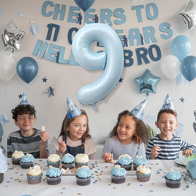 Big Number 9 Balloons, Light Sky Blue Foil 9 Balloon Numbers 40 Inch, Giant 9th Birthday Party Decor, Pastel Baby Matte Blue Mylar Helium Self Inflating Balloon for Boy Birthday Anniversary Decoration