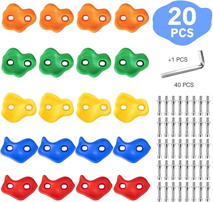 20 Rock Holds with 2Pcs Safety Handles, Kids Indoor Outdoor Play Set, Wall Climbing Kit with Mounting Hardware