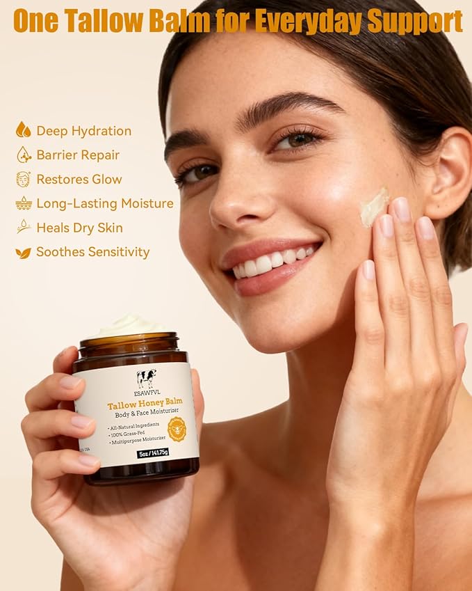 Beef Tallow for Skin, Whipped Tallow and Honey Balm for Body and Face, Natural Formula Grass Fed Tallow Face Moisturizer for All Skin Types - 5oz