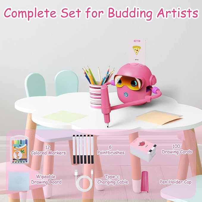 Custer's Night Drawing Robot for Kids - Montessori Painting Toys for 3 4 5 6 7 8 Year Old, Voice Interactive Educational Drawing Machine with 100 Cards,12 Colorful Pens & Music-Gift for Boys Girls P