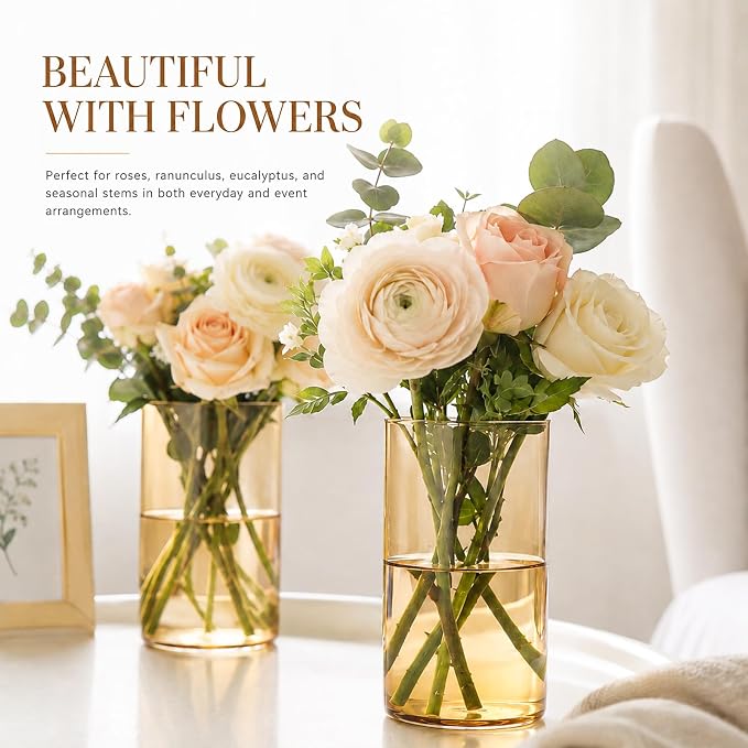 12pcs 6 Inch Gold Amber Glass Cylinder Vases for Centerpieces | Flower Vases for Wedding, Home & Party Decor, Hurricane Floating Candle Holders for Table & Shelf