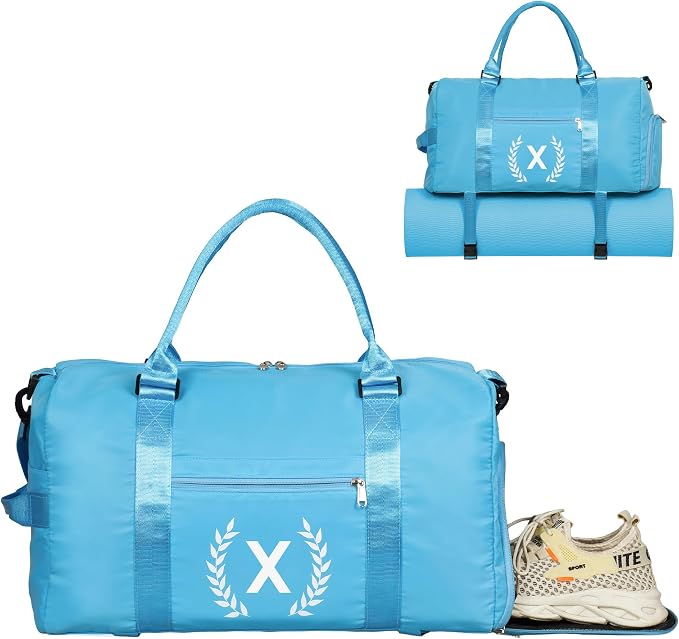 Gym Bag for Women, Personalized Duffle Bag with Shoe Compartment, Sports Bag for Yoga & Dance with Wet Pocket and Mat Strap(AquaBlue,X)