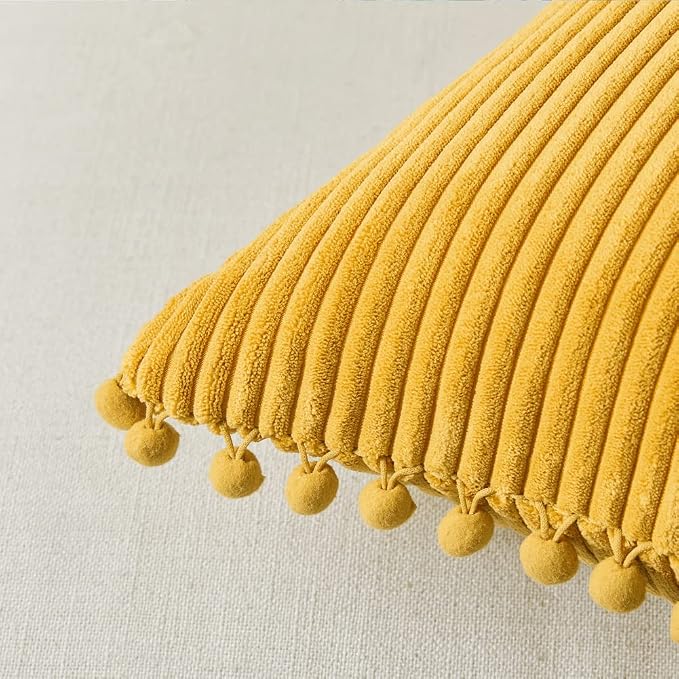 Fancy Homi 24x24 Pillow Covers, 2 Packs Mustard Yellow Throw Pillow Covers with Pom-poms, Super Soft Corduroy Square Solid Cushion Cover for Couch Sofa Bedroom Living Room 60x60 cm