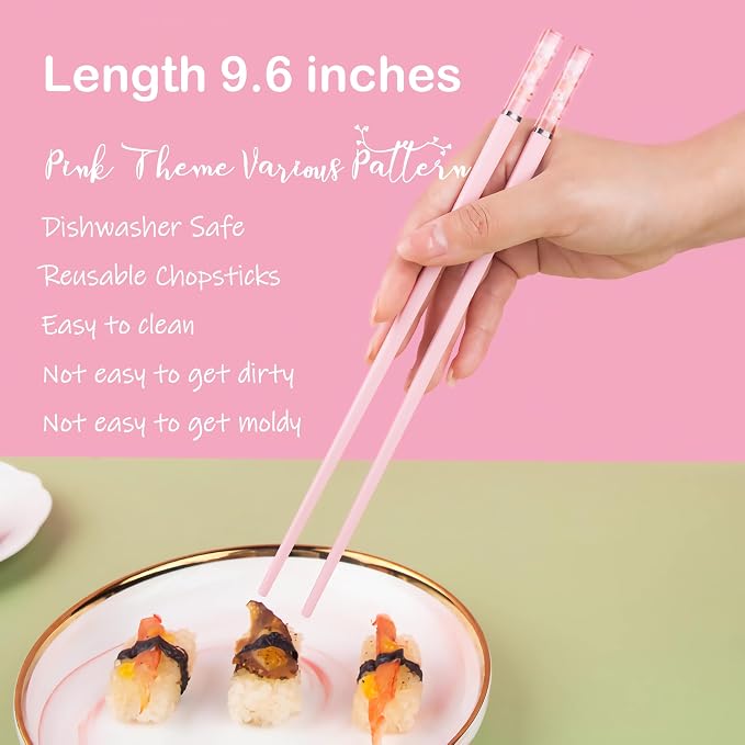 5 Pairs Pink Fiberglass Chopsticks Japanese Korean Chopstick Reusable Non-Slip Dishwasher Safe, 9.6 Inches Long, 5 Patterns