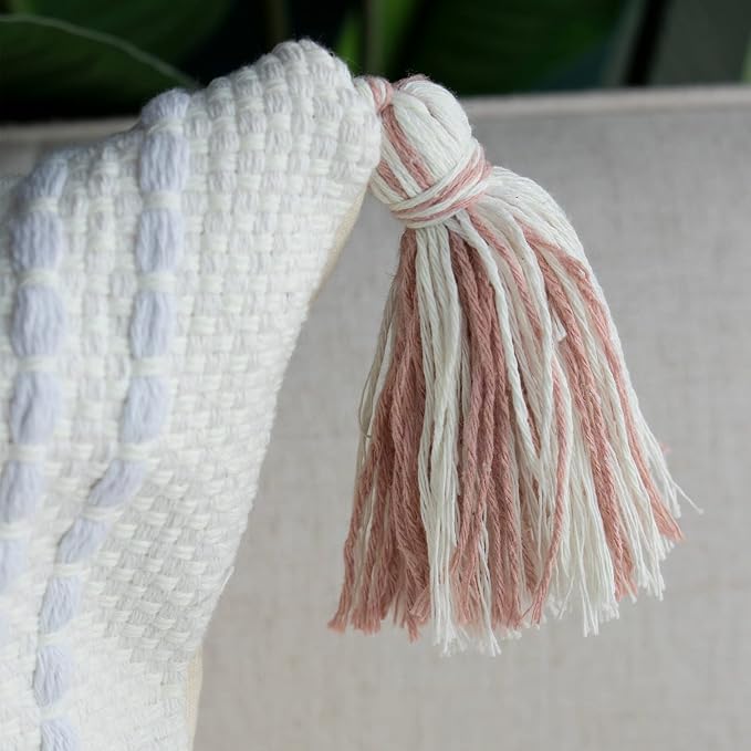 Boho Tufted Square Pillow Cover 22 × 22 in – Neutral Pink | Woven Farmhouse Accent Decorative Throw Pillow Cover with Tassels & Invisible Zipper for Couch, Bed or Living Room