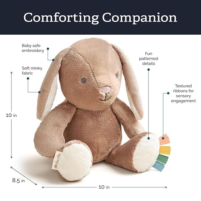 Itzy Ritzy Snuggles Plush Toy – Soft Stuffed Animal for Babies, Kids & Adults – Sensory Ribbons & Textured Fabrics for Tactile Play – Cozy & Cuddly Companion for Newborns & Up (Taupe Bunny)