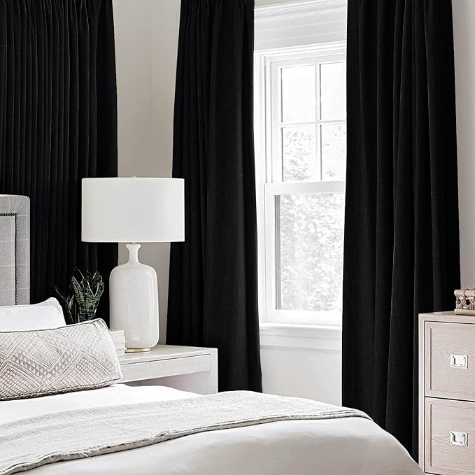 MIULEE Linen Texture Curtains for Bedroom Solid 100% Blackout Thermal Insulated Halloween Black Curtains Grommet Room Darkening Curtains/Draperies for Living Room 52x72 Inch (2 Panels)