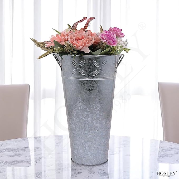 Hosley Set of 3 Galvanized Metal Vases, 12” Tall x 6.5” Dia French Bucket Style, Rustic Farmhouse Flower Vase for Weddings, Events, Home Décor