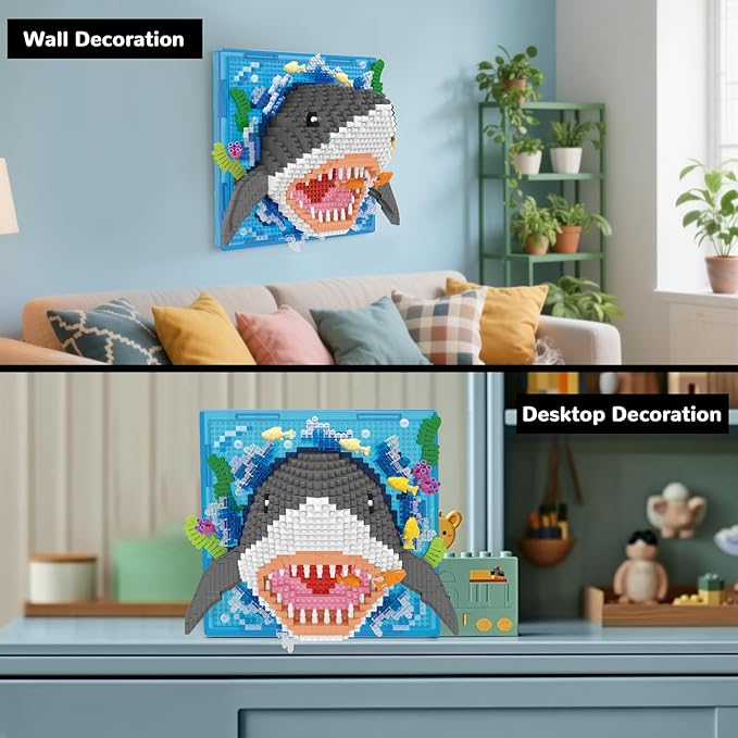 Shark Animal 3D Wall Art Micro Mini Building Blocks Set, Unique Home Wall Decor or Table Display, No Compatible with Lego Set, Ideal Gift Toy for Adults Boys Girls (1644 PCS)