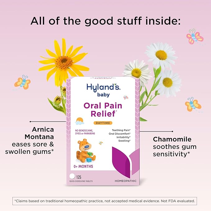 Hyland's Baby Daytime Oral Pain Relief Tablets - 125-Count, Up to 62 Doses - Baby and Toddler Soothing Tablets with Chamomile for Discomfort, Irritability & Swelling