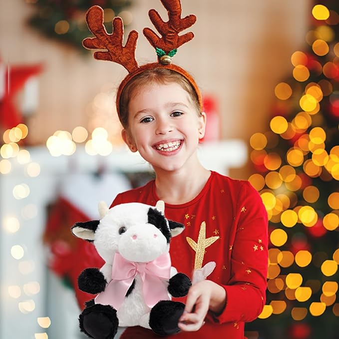 Cow Stuffed Animal Baby Cow Plush with Big Bow Tie Cute Plush Toy Gift for Kids 10''