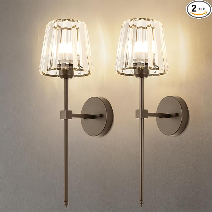 Crystal Battery Operated Wall Sconces Set of 2, Brown Rechargeable Wireless Wall Lights with Crystal Lampshade, 12 RGB and 3CCT Dimmable Wall Lamps with Remote for Bedroom Living Room Hallway