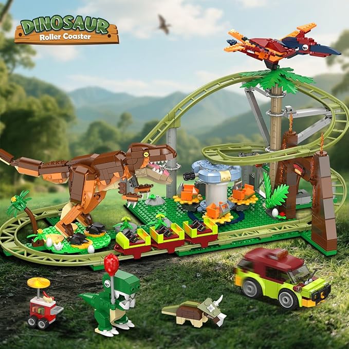 HOGOKIDS Dinosaur Roller Coaster Building Set - 1222PCS Rollercoaster Building Toy with 4 Dinosaur, Off-Road Vehicle, Food Cart, Dinosaur Models Playset Gift for Adults Kids Girls Boys Ages 8-12 Year