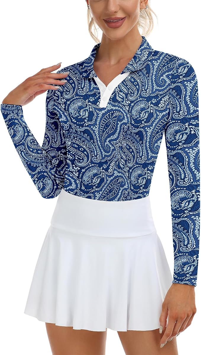 Soneven Womens Golf Shirts Moisture Wicking V Neck Long Sleeve Polo Shirts Collared Tops