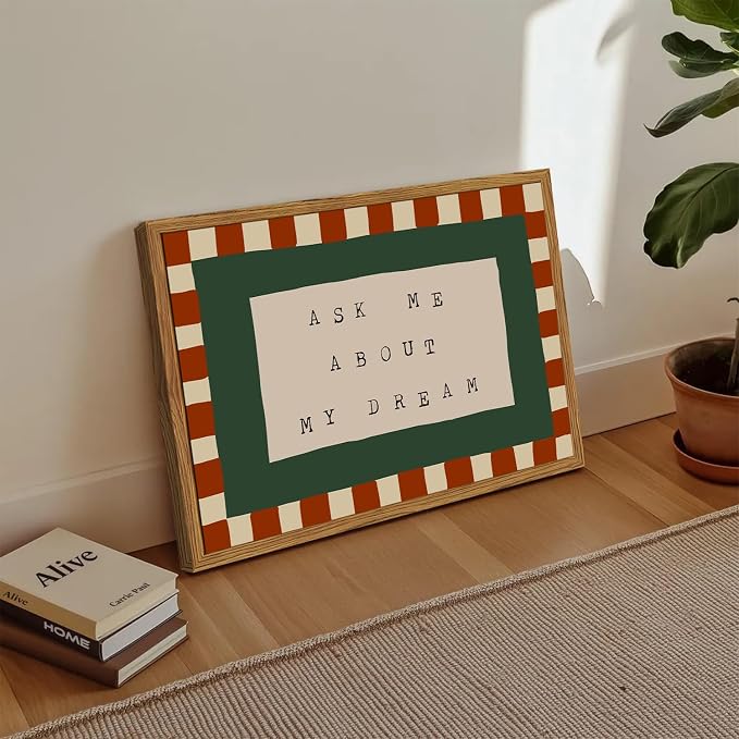 Framed Ask Me About My Dream Wall Art, Retro Red Green Checkered Pictures Wall Decor, Mid Century Modern Minimalist Text Paintings Canvas Prints for Home Living Room Bedroom 16x24 inch