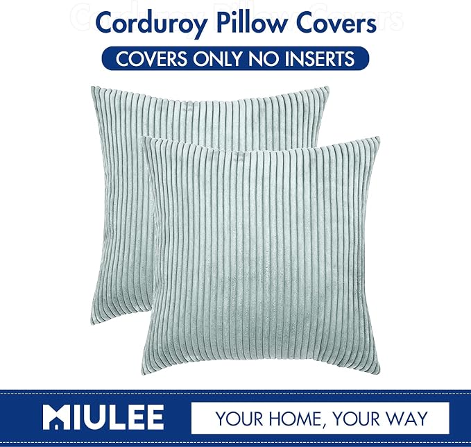MIULEE Decorative Corduroy Throw Pillow Covers Set of 2 18x18 Mint | Soft Striped Textured Cushion Cases, Boho Energetic Vibe Pillowcases for Home Decor, for Couch Chair Sofa Bed Living Room
