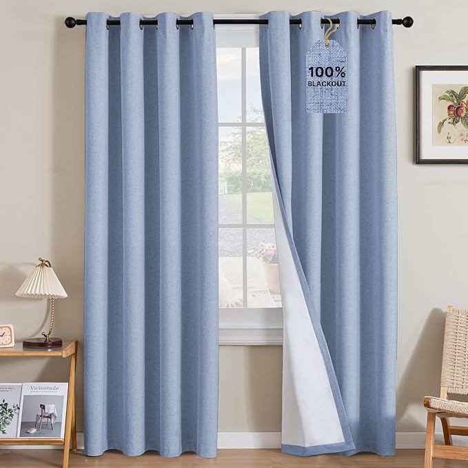 H.VERSAILTEX Linen Curtains 100% Blackout Curtains for Bedroom 96 inch Long Full Light Blocking Nature Linen Blended Window Curtains for Living Room Nickel Grommet (2 Panels, Heathered Chambray Blue)