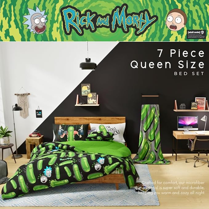 Rick & Morty Bedding 7 Piece Super Soft Cozy Reversible Comforter and Sheet Set with Sham, Queen, (Officially Licensed Product) By Franco