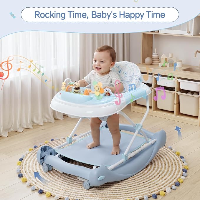 5 in 1 Baby Walker, Music and Lights Foldable Baby Walker with Wheels, 3 Adjustable Heights, with Bouncer Combo, Rocker, Activity Walker for Baby Boy and Girl 6-18 Months (Blue)