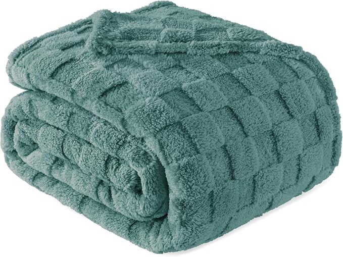 Exclusivo Mezcla 3D Checkered Fleece Queen Blanket for Bed, Celadon | Super Soft and Cozy Fluffy Blanket, Lightweight, Breathable, Decorative Blanket for Living Room, Bedroom, All Season, 90"x90"