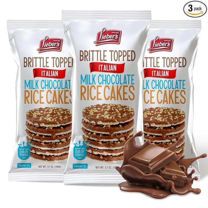 LIEBERS Thin Milk Chocolate Rice Cakes, Brittle Topped, Gluten Free, 3 Pack | Kosher Certified Dairy Snack Made with Whole-grain Brown Rice, Crispy, Crunchy and 60 Calories or Less per Cake.