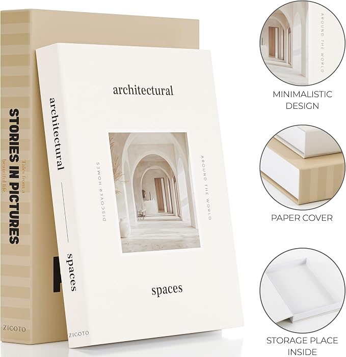 Beautiful Decorative Books - Set of 2 Boxes Enhance Your Coffee Table, Bookshelf or Mantel Decor - Aesthetic Fake/Faux Books for Modern Home Decoration, Photo Storage and as a Keepsake Box