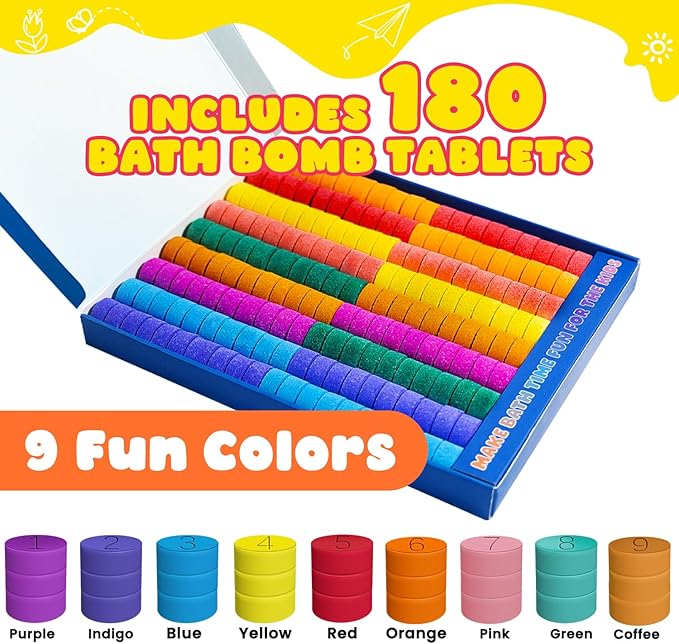 Bath Bombs for Kids, Boys & Girls Valentines Day Gifts Set, 180 Mini Color Tablets in 9 Bright Colors for Creative Bathtub Art Bath Toys Fun Colorful Bath Scientific Experiment for Boys Girls 3-12